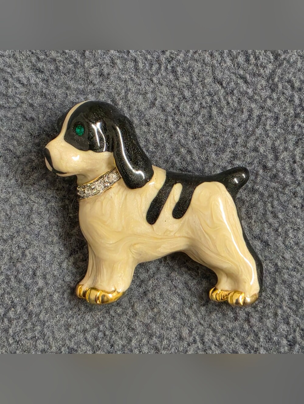 Black White Hound Dog Brooch Green Rhinestone Eyes Collar Gold Tone Pin New
